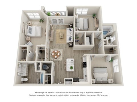 Floor plan for 3 beds, 2 baths, 1310 sqft